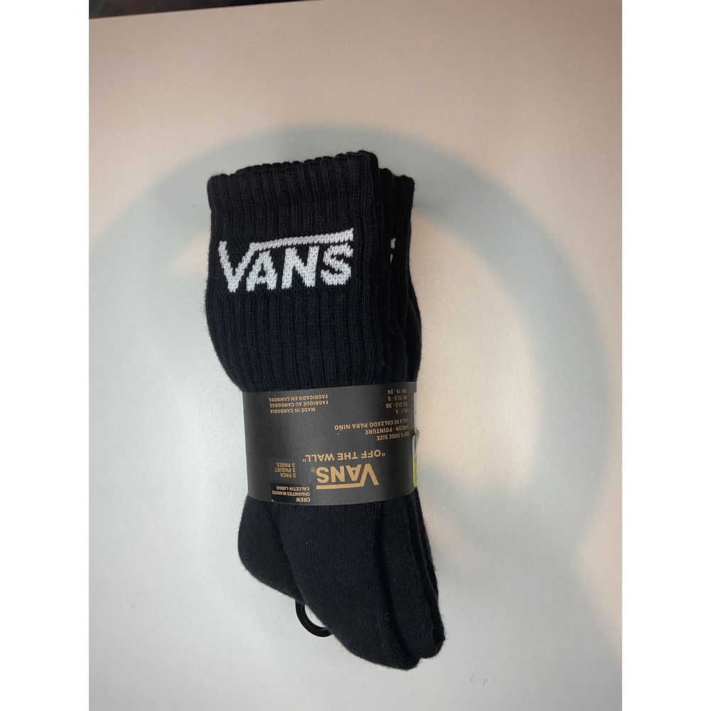 Vans Boys Classic Crew Socks 3 Pack Black White Logo VN000EZ1 Size 1-6 NEW